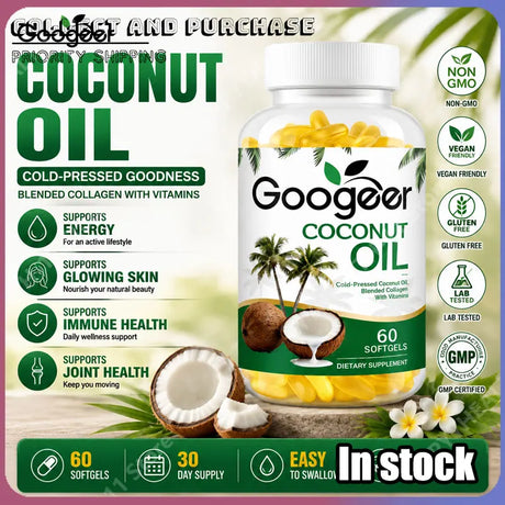 Coconut Oil Softgels Blended Collagen Vitamin E with Vitamins Hair Skin Nails Beauty Supports Energy Vitality 60 Softgels