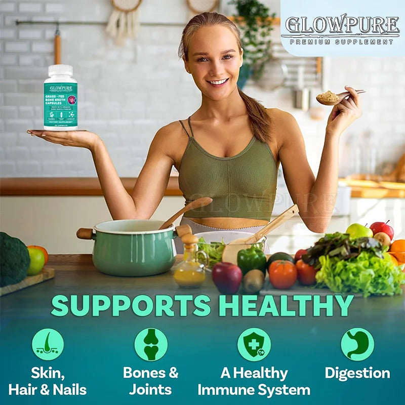 Bone Broth Collagen Protein Capsules - Grass-Fed Collagen Powder for Skin & Bones Joint Health and Flexibility Paleo Friendly