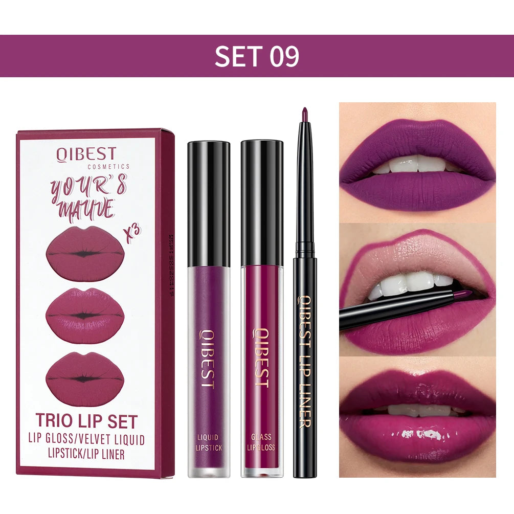 QIBEST Hots 3pcs Liquid Lipstick And Lip Liner Makeup Sets Nude Velvet Lip Gloss Lip Tint Lasting Black Lip Glaze Cosmetics Kits