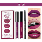 QIBEST Hots 3pcs Liquid Lipstick And Lip Liner Makeup Sets Nude Velvet Lip Gloss Lip Tint Lasting Black Lip Glaze Cosmetics Kits