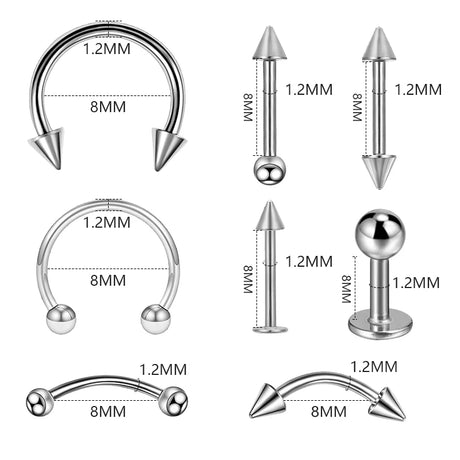 8PCS/Set Fashion Piercing Set Eyebrow Bar Lip Tongue Nose Pircing Stainless Steel Ear Studs Stainless Steel Mixed Body Jewelry