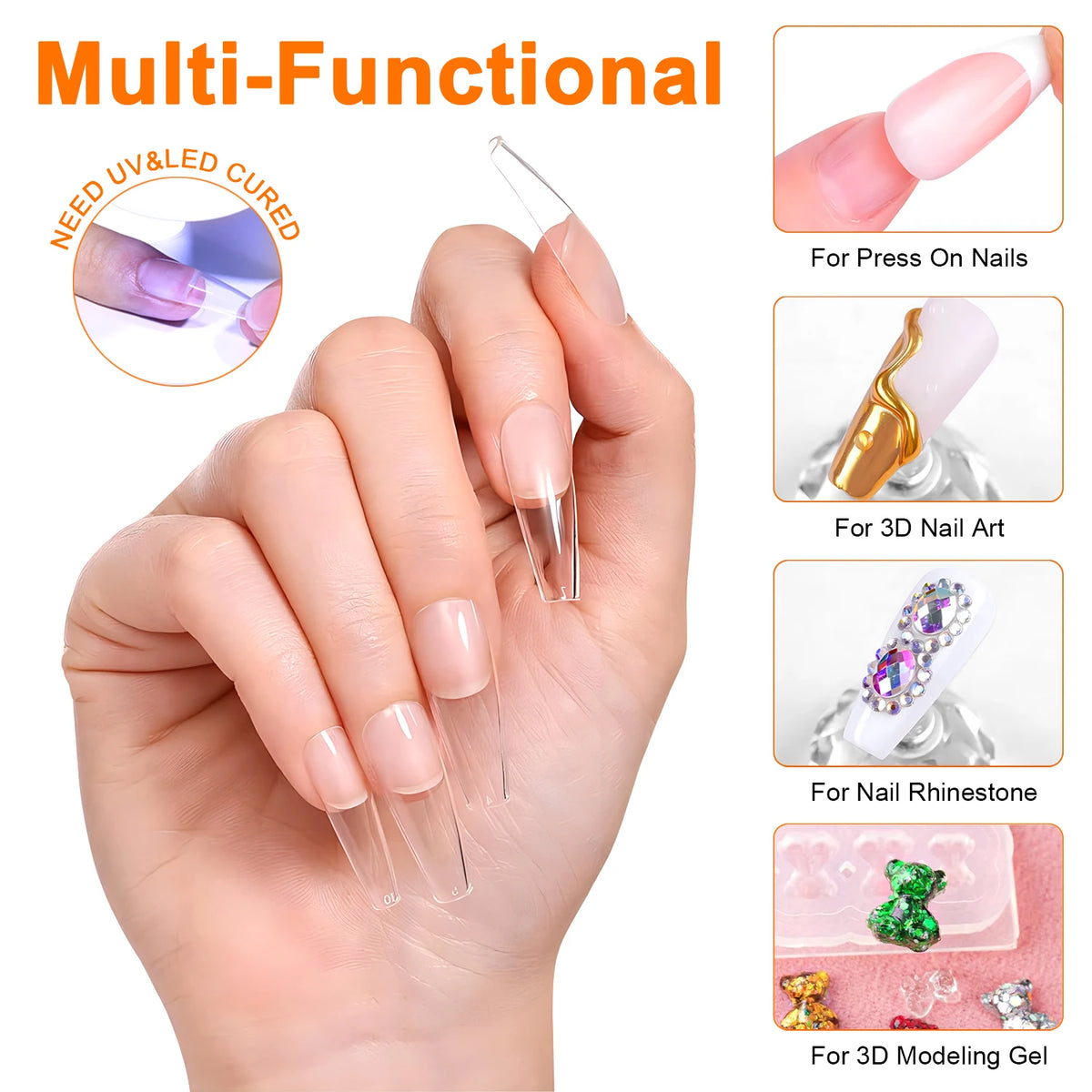 TWOING 8g Clear Solid Nail Tips Gel Long Lasting Strong Adhesion UV/LED Building Gel for Nails Home Salon Manicure DIY Design
