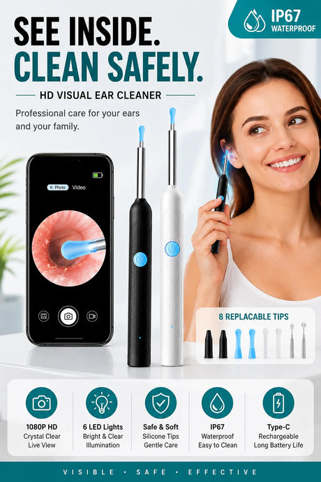 Visual Ear Wax Remover 1080P HD Camera USB-C Rechargeable Ear Cleaner IP67 Waterproof Otoscope with 6 LED Lights for Adults Kids