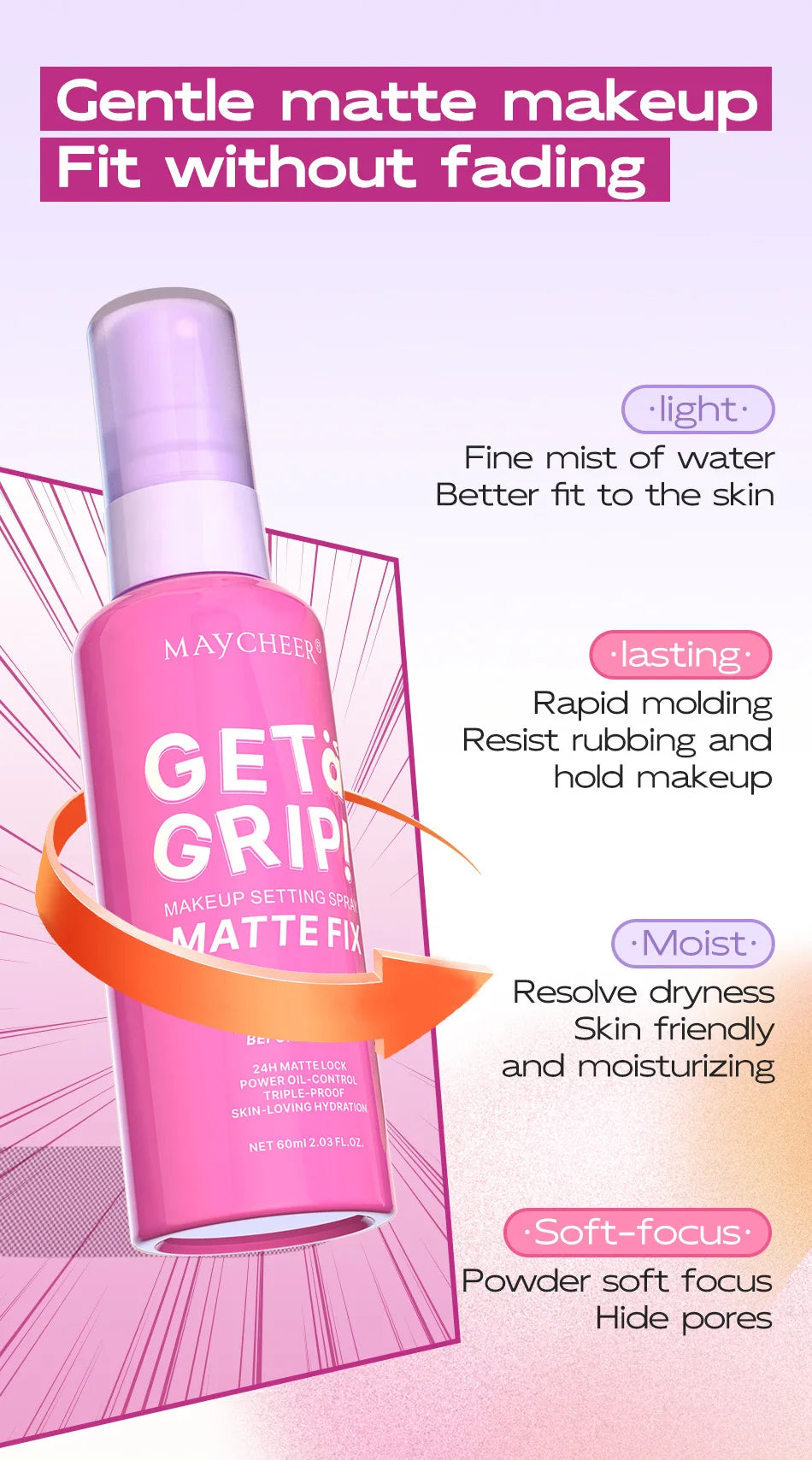 MAYCHEER Setting Spray Soft-focus Mist Matte Waterlight Oil Control Non-Smudging Non-Tight Waterproof 24H Long-lasting Cosmetics