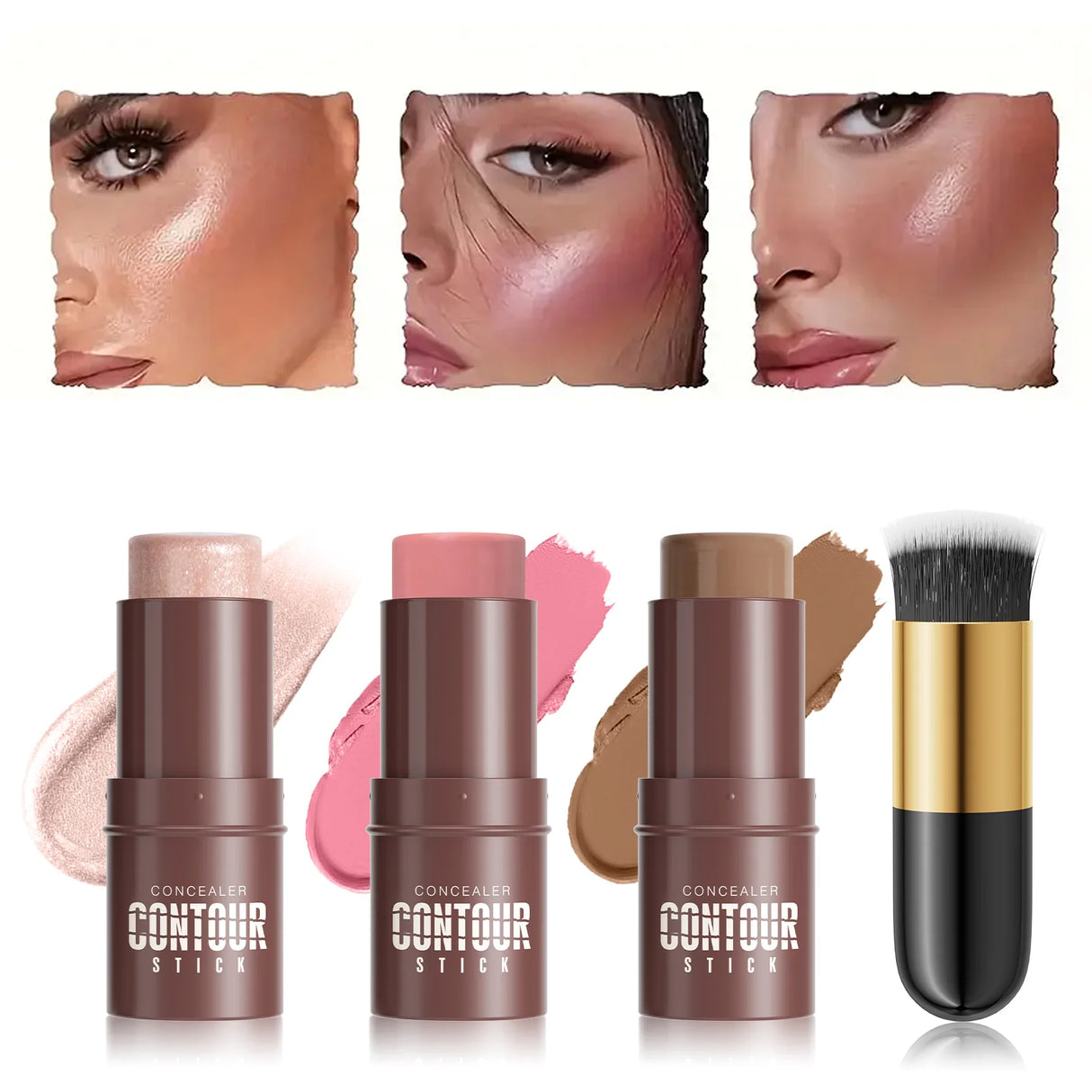 4-Piece Contour Stick Set with Highlighter, Blush & Bronzer Plus Golden Powder Brush - Waterproof Cream for All Tones, Shimmery.