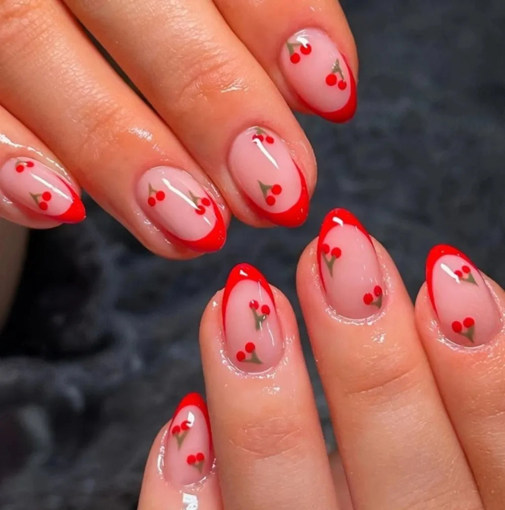 24PCS Juicy Red Cherry Hand Painted Press on Nails Vivid French Border Jelly Clear Almond Shape Fake Nails Summer Vibe