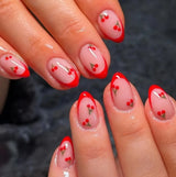 24PCS Juicy Red Cherry Hand Painted Press on Nails Vivid French Border Jelly Clear Almond Shape Fake Nails Summer Vibe