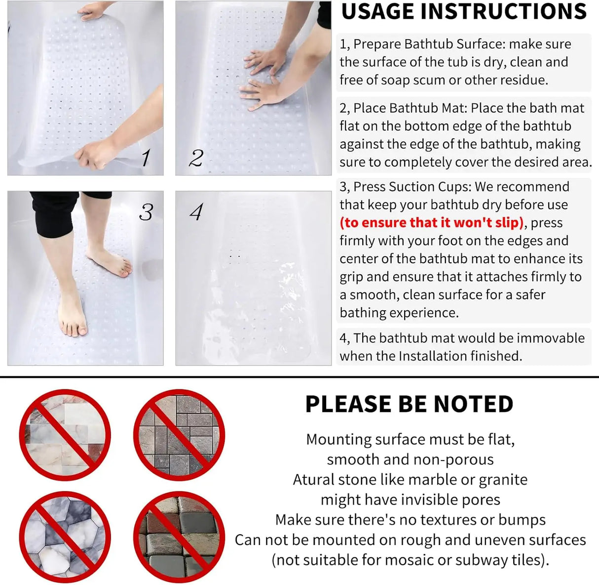 1pc Cartoon Extra Long Bathtub Mat 40x100cm Non Slip Bath Mat for Bathroom Tubs Shower Mats with Suction Cups & Drain Holes