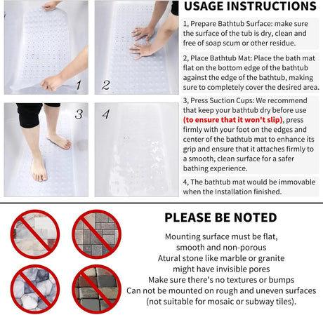 1pc Cartoon Extra Long Bathtub Mat 40x100cm Non Slip Bath Mat for Bathroom Tubs Shower Mats with Suction Cups & Drain Holes