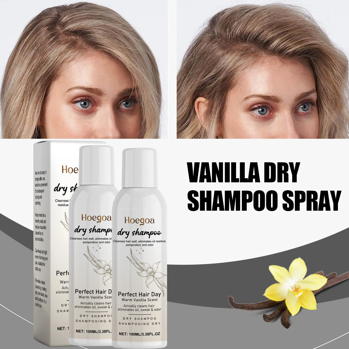 Vanilla Scented Dry Shampoo Spray Oil Absorbing Volumizing Hair Refresh Instant Clean No Water Needed Travel Size 100ml