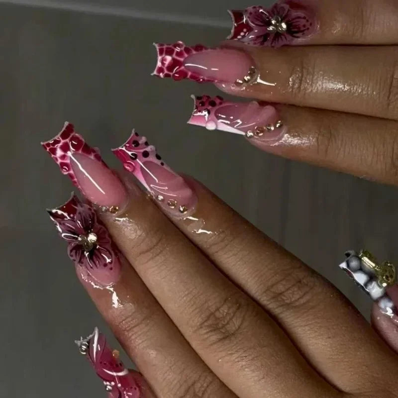 24Pcs Long Square Press on Nails Leopard Print French 3D Cherry Design False Nail Rhinestone Wearable Full Cover Fake Nails Tips