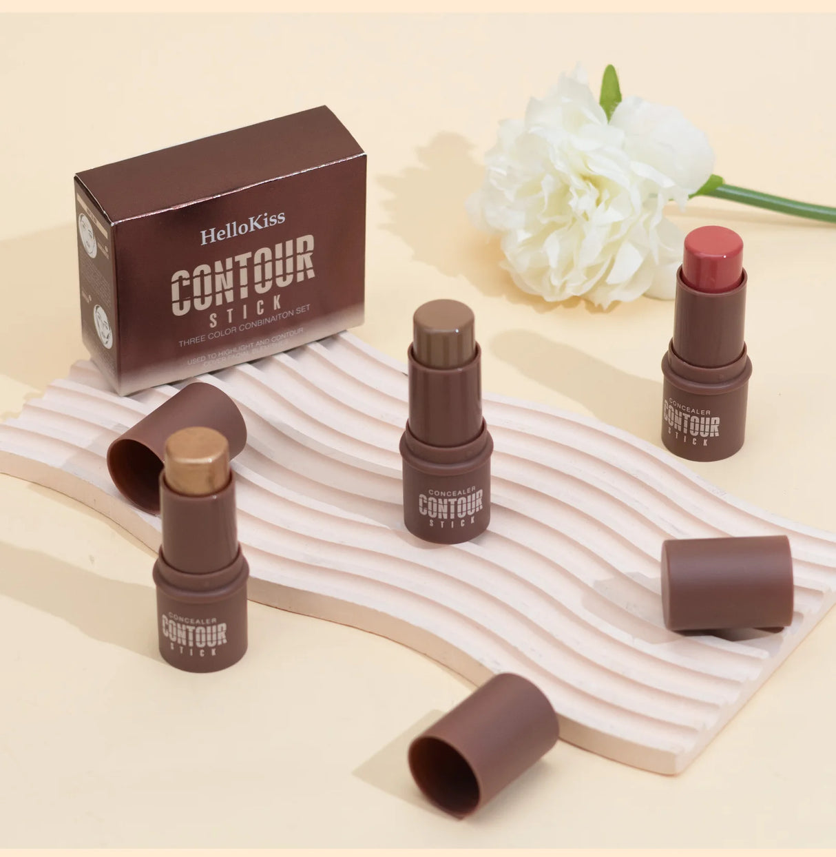 4-Piece Contour Stick Set with Highlighter, Blush & Bronzer Plus Golden Powder Brush - Waterproof Cream for All Tones, Shimmery.
