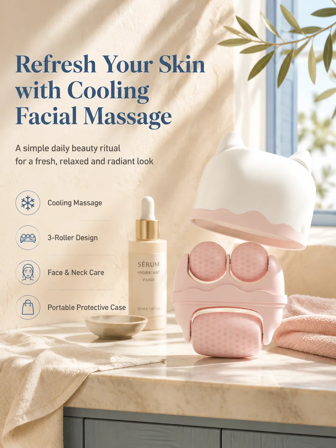 3 Roller Ice Face Roller Cooling Facial Massager with Cat Ear Storage Case Reduce Puffiness Jawline Neck Eye Skincare Massage To