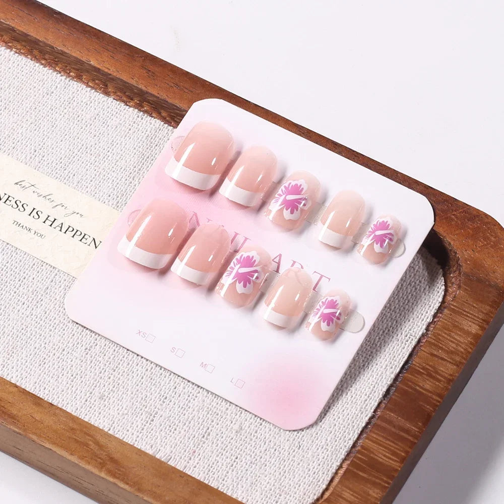 24Pcs Short Square Pink Floral French Press On Nails Clear Base Hand Drawn Flower Reusable With Adhesive Glue For Women Daily Party DIY Spring Summer Manicure Supply