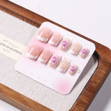 24Pcs Short Square Pink Floral French Press On Nails Clear Base Hand Drawn Flower Reusable With Adhesive Glue For Women Daily Party DIY Spring Summer Manicure Supply