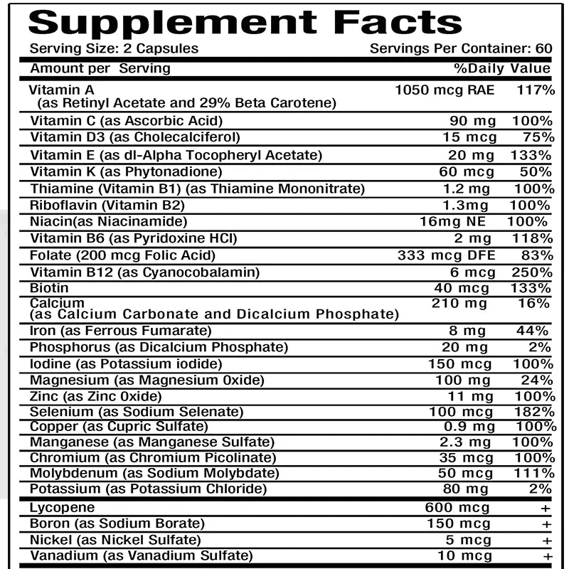 Men's 50+ Daily Super Multivitamin, High Potency Formula for Brain, Eye & Heart Health, Vitamins A C D E K B1 to B12 Gluten Free