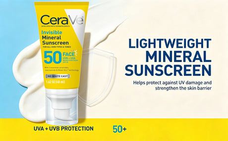 CeraVe Invisible Mineral Sunscreen SPF 50, Face for Sensitive Skin, Niacinamide, Ceramides, Vitamin E, Oil Free, 1.62 oz