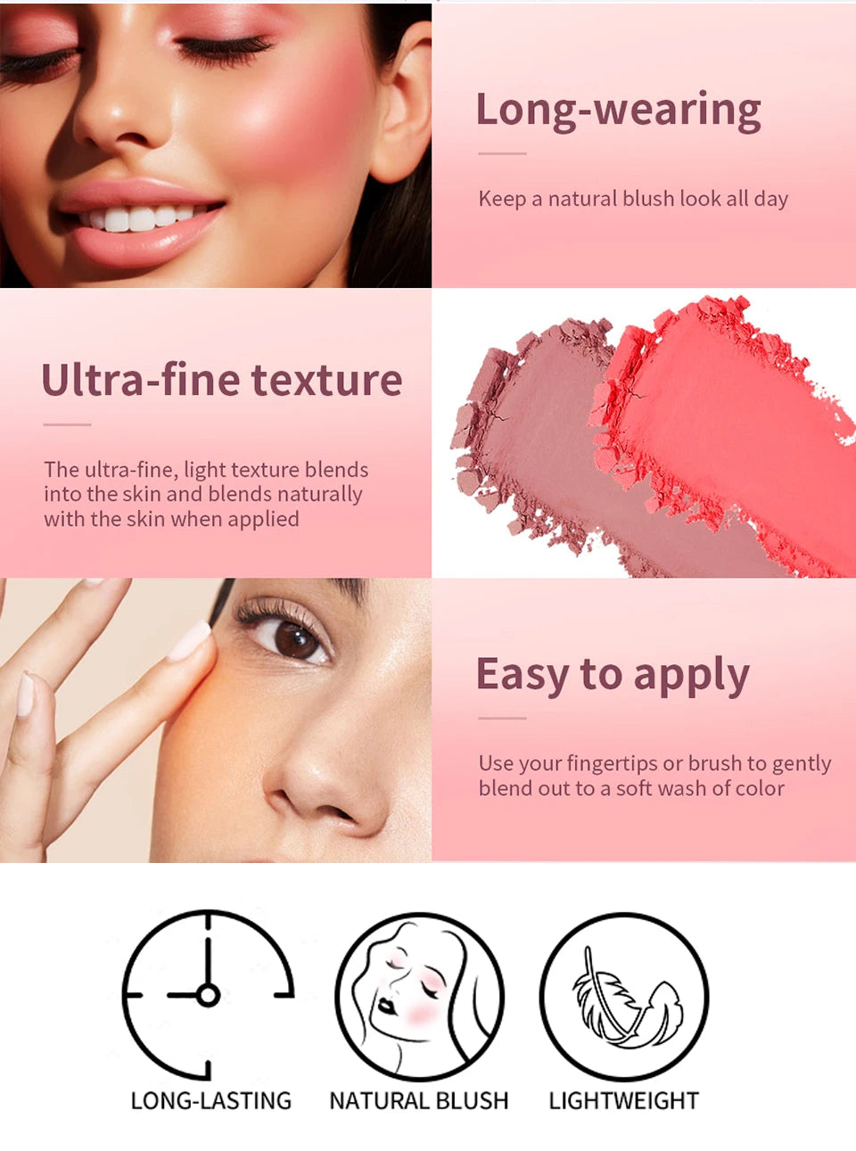 Matte Embossed Blush Palette High Pigmented Pink Coral Cheek Blush Powder With Professional Makeup Brush