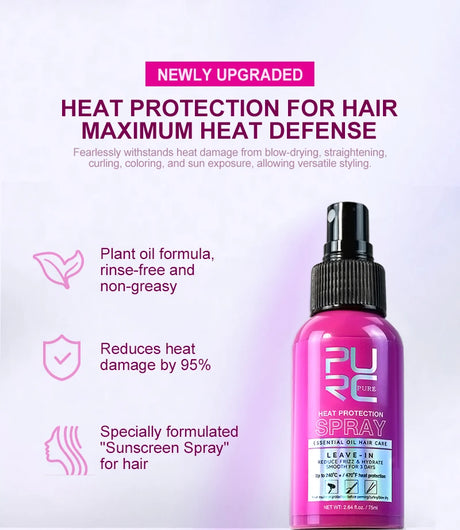 PURC Heat Protectant Spray Coconut Oil Frizz Control & Shine for All Hair Types Thermal Protection up to 470°F Hair Care