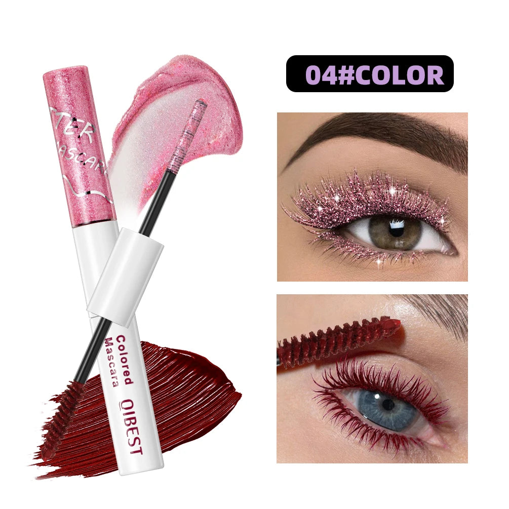 QIBEST Double Headed Diamond Glitter Mascara Long Lasting Colored Mascara Eyelashes Pink Blue Red Voluminous Waterproof Mascara