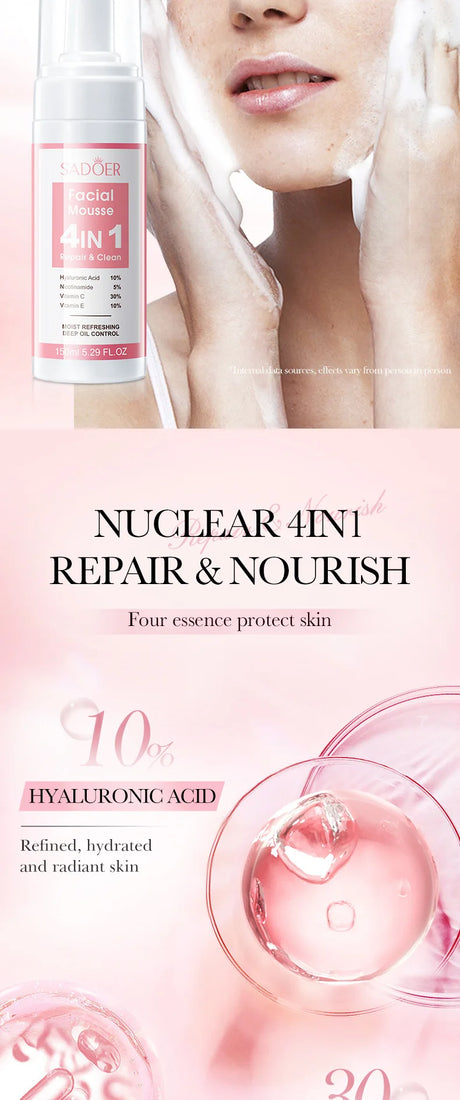 SADOER 4 in 1 Facial Mousse Face Wash Foam Facial Cleanser Moisturizing Brightening Hydrating Face Cleansing Skin Care Products
