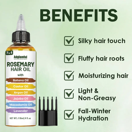 Adglamful 7-in-1 Rosemary Hair Oil 118ml – No-Rinse Hair Oil+Comb Set, Instantly Smooths Frizz, Repairs Damage