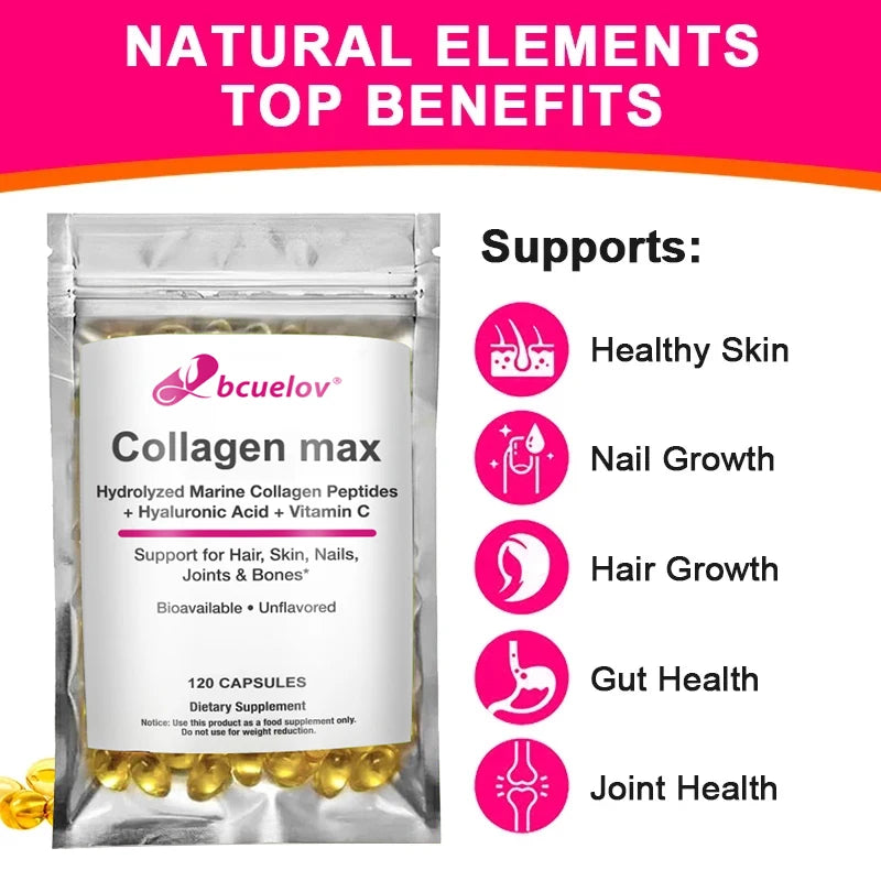 Bcuelov Collagen Max Hydrolyzed Marine Collagen Peptides Hyaluronic Acid + Vitamin C Supports Hair, Skin, Nails, Joints & Bones