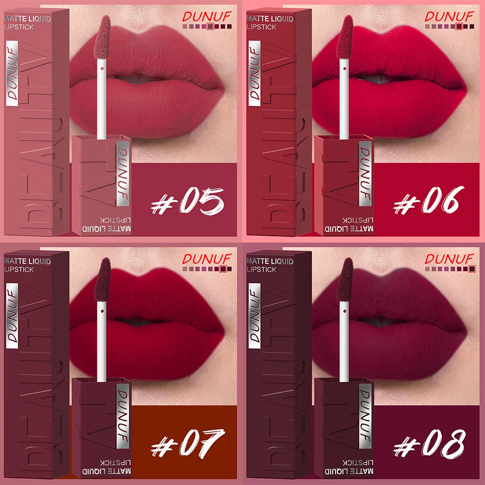 DUNUF Matte Velvet Lip Gloss, 3D Plumping & Waterproof, Square Tube Lipstick, Easy Application, 8 Shades (All-in-One)