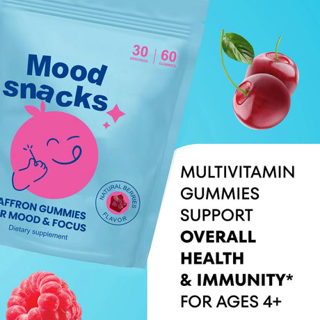 Mood Snacks - Kids Saffron Gummies, Natural Berries Supplements Offer Mood Support and Calms Temper Tantrums, Sugar Free Gummies