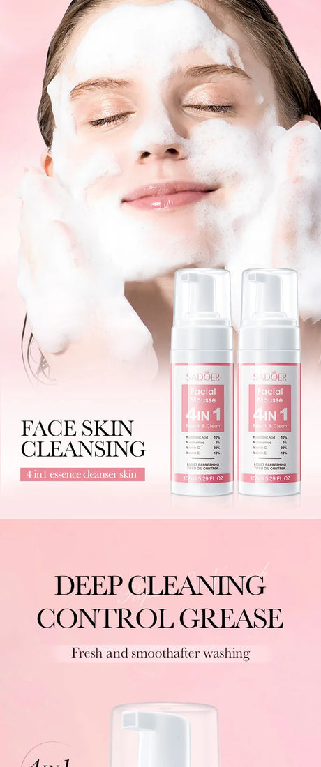 SADOER 4 in 1 Facial Mousse Face Wash Foam Facial Cleanser Moisturizing Brightening Hydrating Face Cleansing Skin Care Products