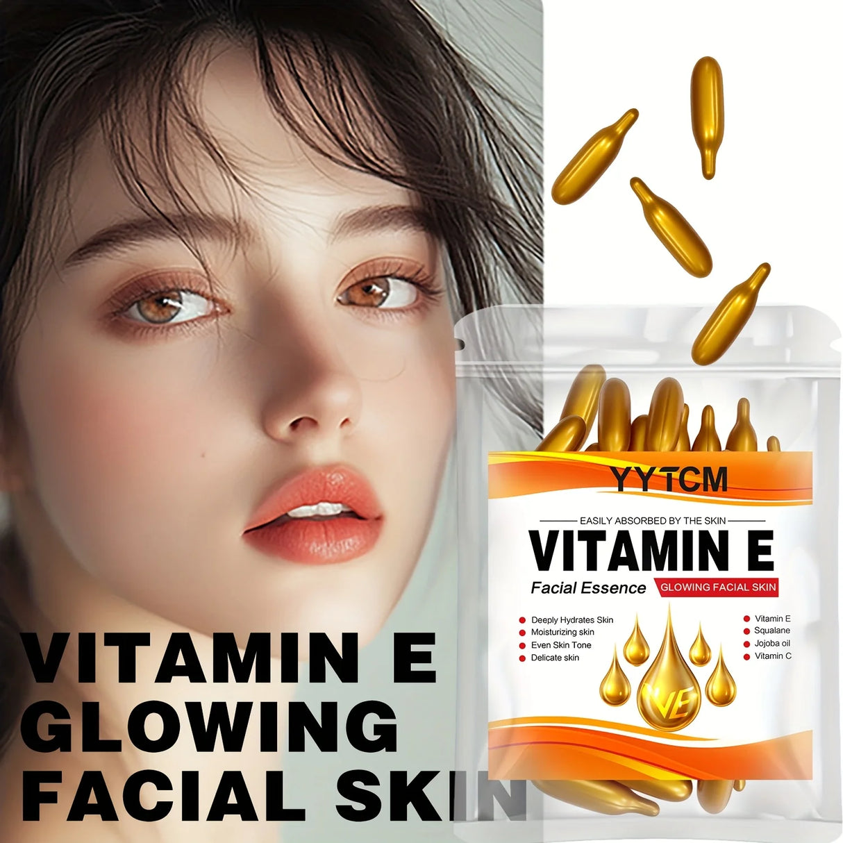 Vitamin E Deep Moisturizing Capsule Essence, Hydrates and Smooths Skin, Contains Plant-Based Squalane, Vitamin C, Deep Hydration and Skin Brightening Essence (0.4Gx30 Capsules)/Bag-1 Bag