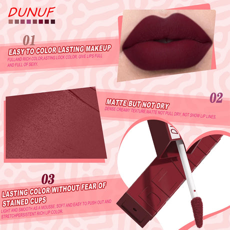 Matte Lip Gloss 8pc/set: Waterproof Lipstick Moisturizing Long Lasting Non-Stick Cup, Nude, Y2K Christmas Valentine's Day Gifts