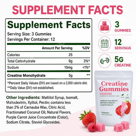 Berry Flavor Sugar Free Creatine Gummies Daily Health Nutrition & Lean Muscle Support，Gluten Free & Non GMO 36 Pieces Per Bag