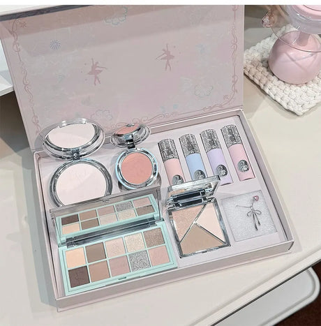 NICEKEY Pink Ballet Makeup Sets Include 4 Lip Mud,1 Blush,1 Pressed Powder,1 Eyes Palette,1 Contour Palette With Necklace Gift