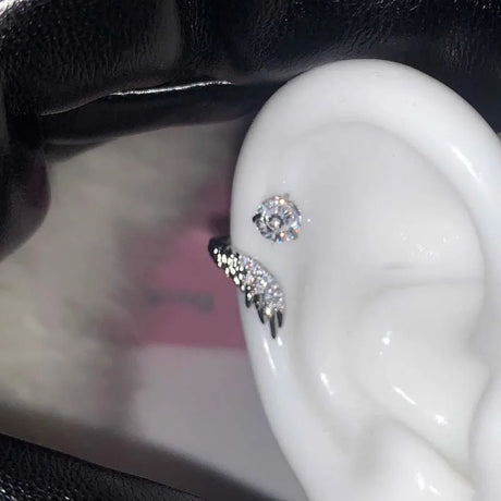 1pcs Silver Color Wing 316L Stainless Steel Ear Bone Nail for Women New Fashion Full of Rhinestone Earrings Accessories for Ear