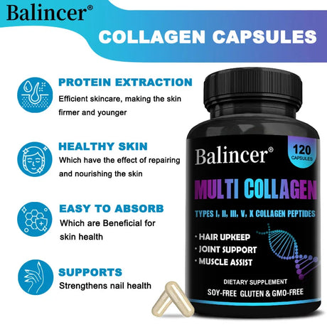 Multi-Collagen Peptides Capsules with Biotin & Keratin, Anti-Aging Whitening Skin, Hair, Nail, Bones, Joint Health Support