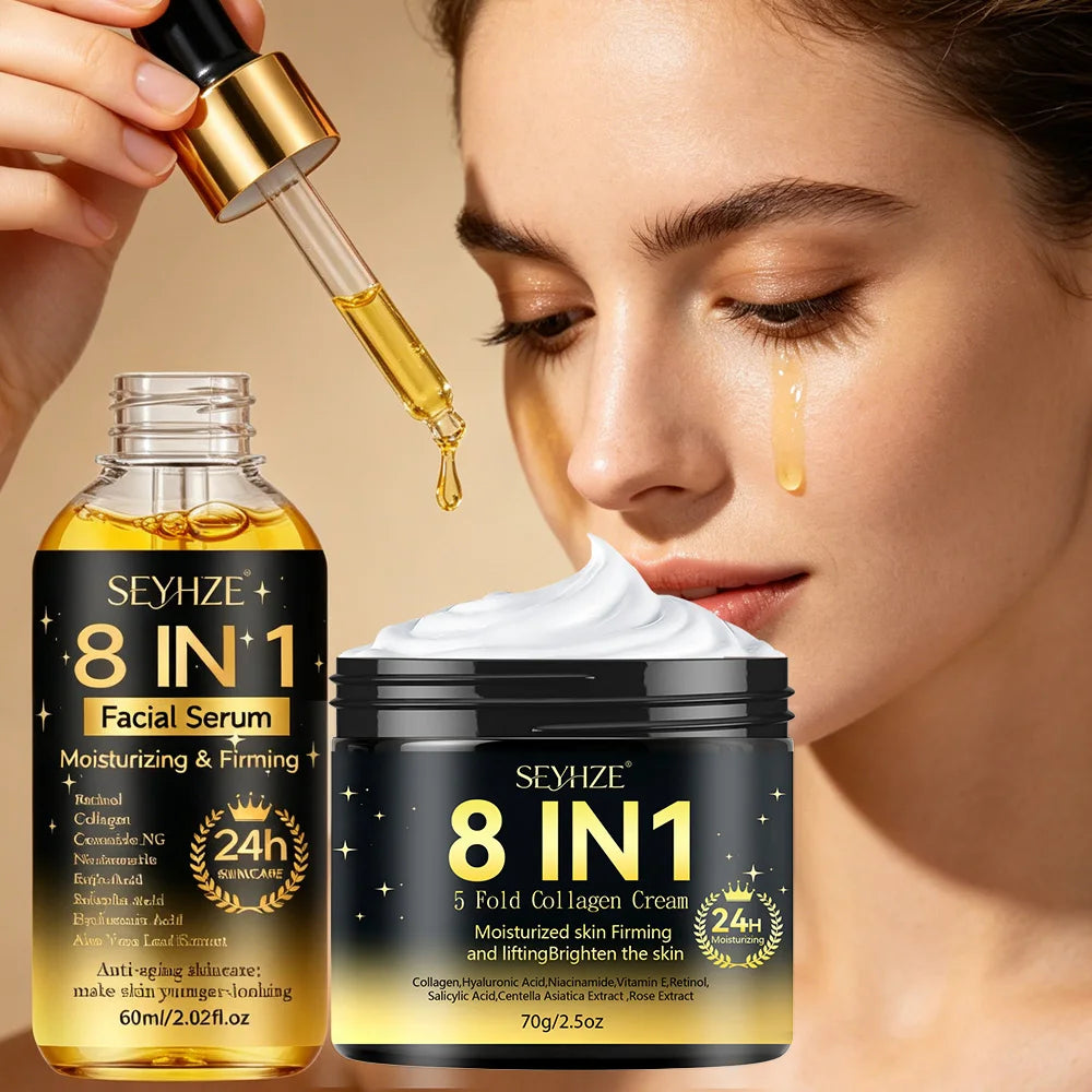 SEYHZE 8in1 Hydrating Facial Serum & Tightening Cream Set 2pcs Skincare Kit with Niacinamide Collagen Ceramides Aloe + Snow Aloe