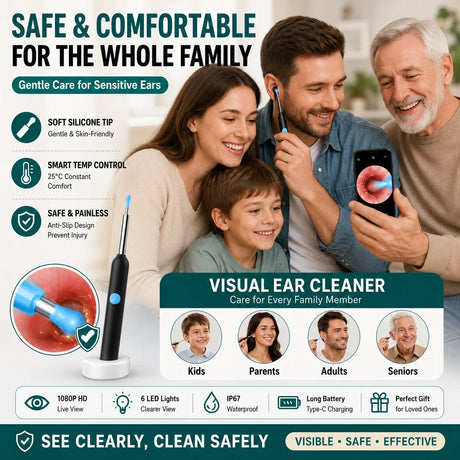 Visual Ear Wax Remover 1080P HD Camera USB-C Rechargeable Ear Cleaner IP67 Waterproof Otoscope with 6 LED Lights for Adults Kids