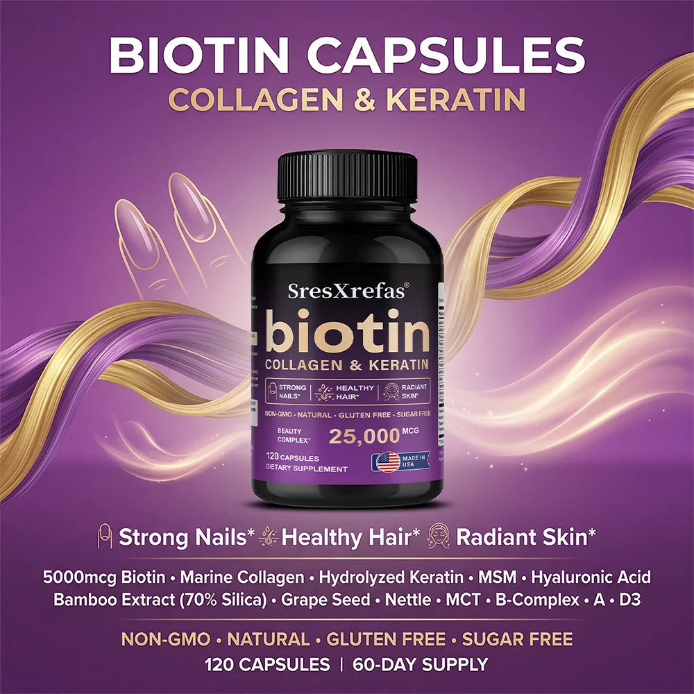 Biotin 25000mcg - Collagen Keratin Hyaluronic Acid Vitamins, Hair Skin Nails & Joint Support, Anti-aging Supplements Antioxidant