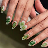 24PCS Juicy Red Cherry Hand Painted Press on Nails Vivid French Border Jelly Clear Almond Shape Fake Nails Summer Vibe