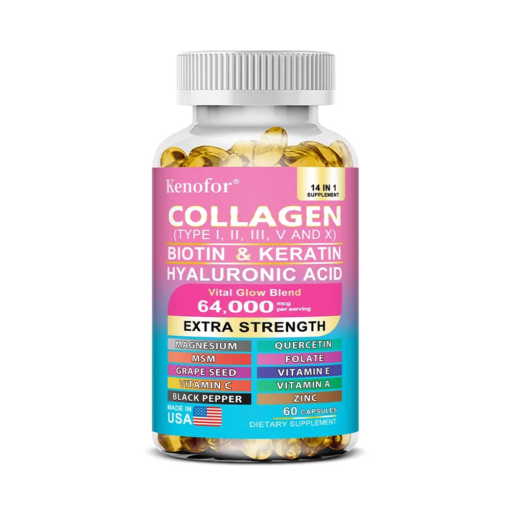 Multi Collagen Capsules - Types I, II, III, V & X Biotin Keratin Hyaluronic Acid MSM Zinc Magnesium,Hair Skin and Nails Vitamins