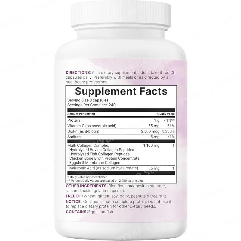 Multi Collagen Capsules 240ct Type I II III V X with Biotin Hyaluronic Acid Vitamin C Hydrolyzed Protein Supplement