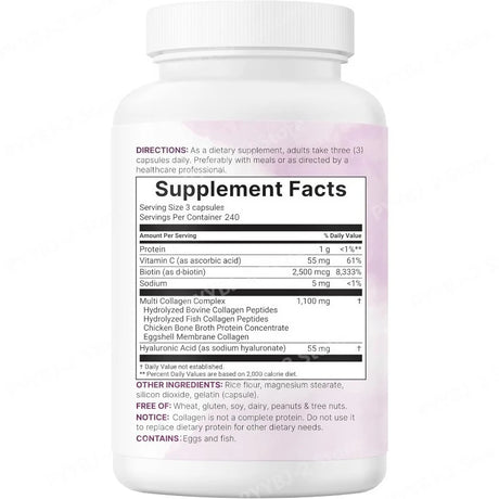 Multi Collagen Capsules 240ct Type I II III V X with Biotin Hyaluronic Acid Vitamin C Hydrolyzed Protein Supplement