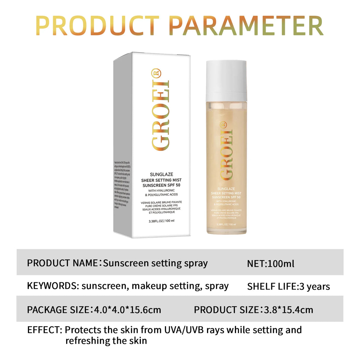 100ml  SPF 50 Sunscreen Setting Spray Sheer Setting Mist Sunscreen Spray Facial  Skin Care Lightweight & Non-Greasy