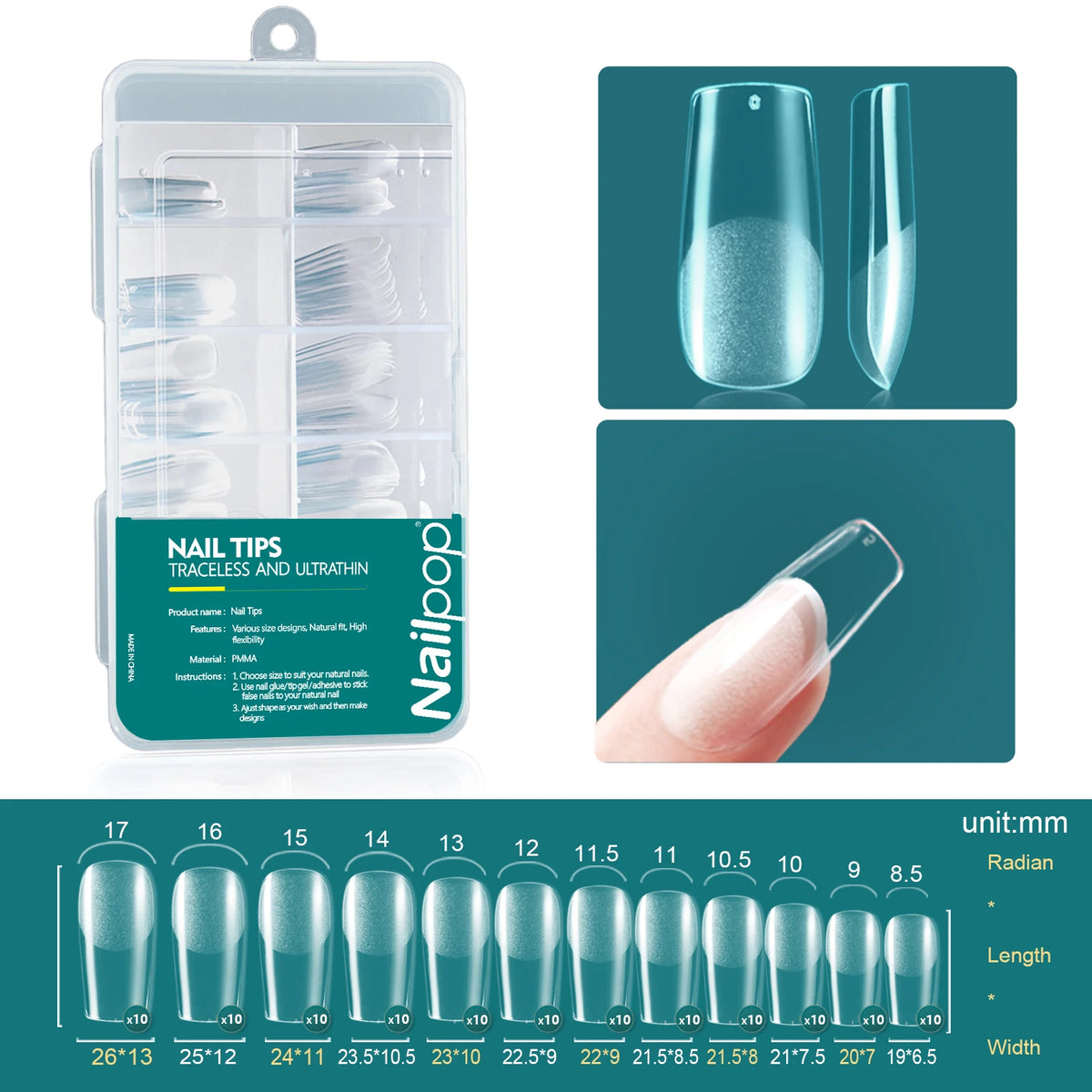 Nailpop 120pcs/box Gel X Nail Tips Medium Short Shape Almond/Square/Soft Gel Nail Tips False Nails Soak Off Easy Nail Extensions