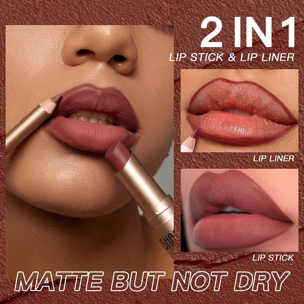 2-in-1 Lip Makeup Set, Matte Lipstick & Lip Liner Pencil, Nude Brown, Waterproof Long Lasting Tinted Lip Balm Contour Kit