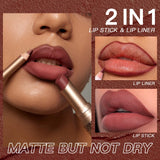 2-in-1 Lip Makeup Set, Matte Lipstick & Lip Liner Pencil, Nude Brown, Waterproof Long Lasting Tinted Lip Balm Contour Kit