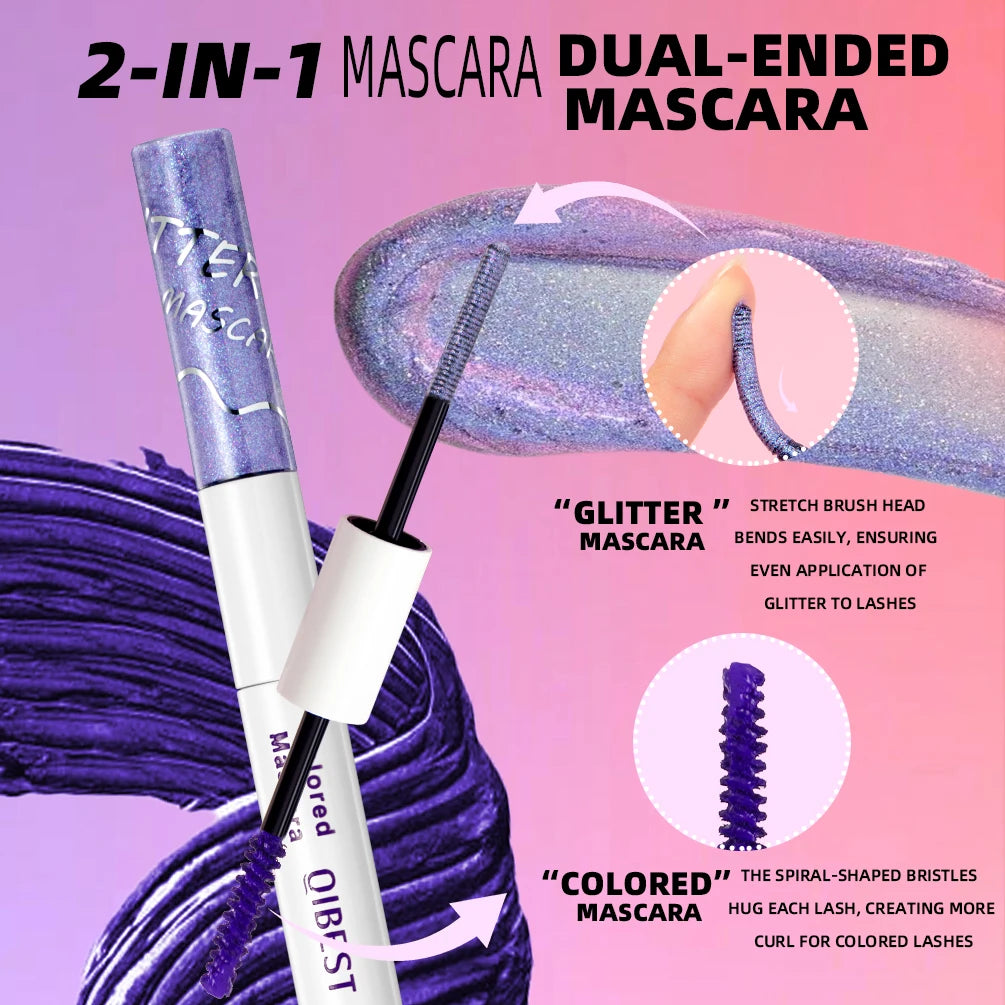 QIBEST Double Headed Diamond Glitter Mascara Long Lasting Colored Mascara Eyelashes Pink Blue Red Voluminous Waterproof Mascara