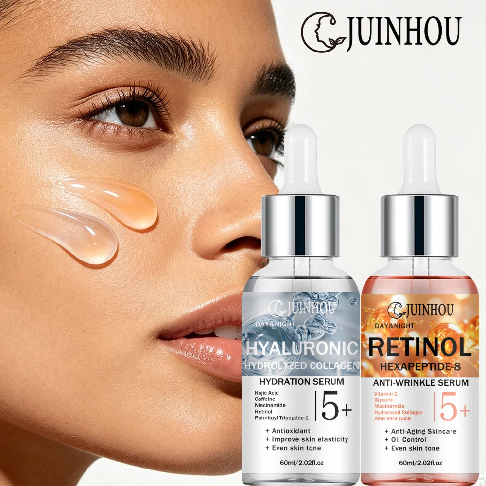 JUINHOU Dual Phase Face Serum Kit Hyaluronic Acid Day Care Retinol Night Care Hydrate Anti Wrinkle Texture Daily Face Skin Serum
