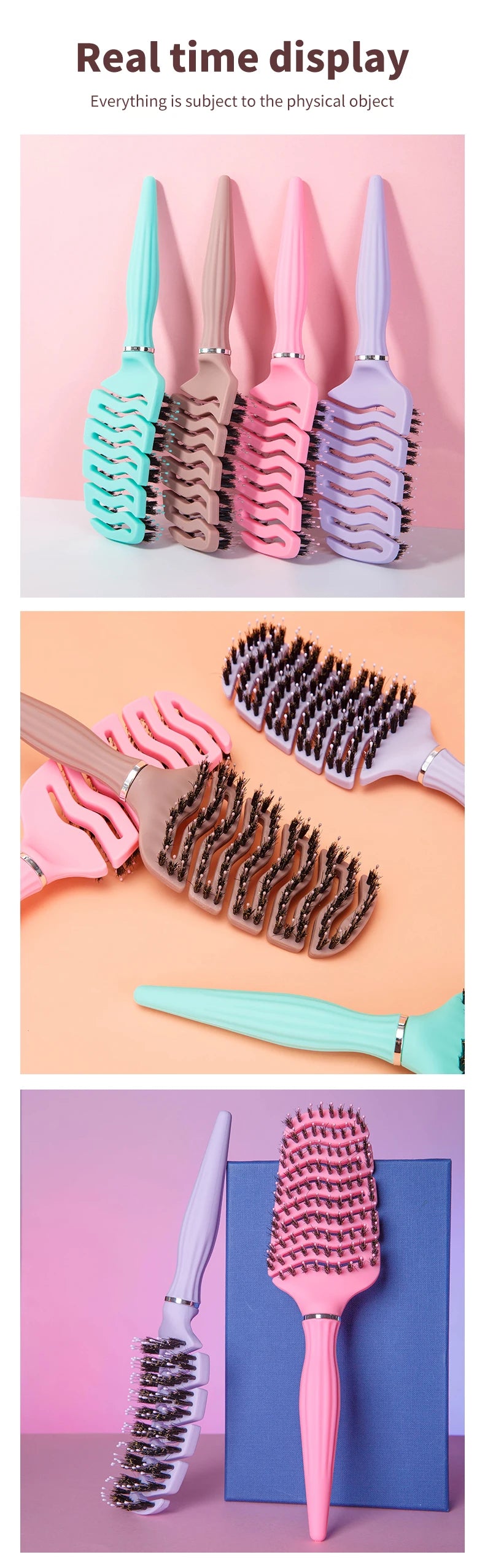 1pcs Curved Vented Boar Bristle Comb Professional Scalp Massage Comb Detangling Curl Anti-static Hairbrush Salon Styling Tool